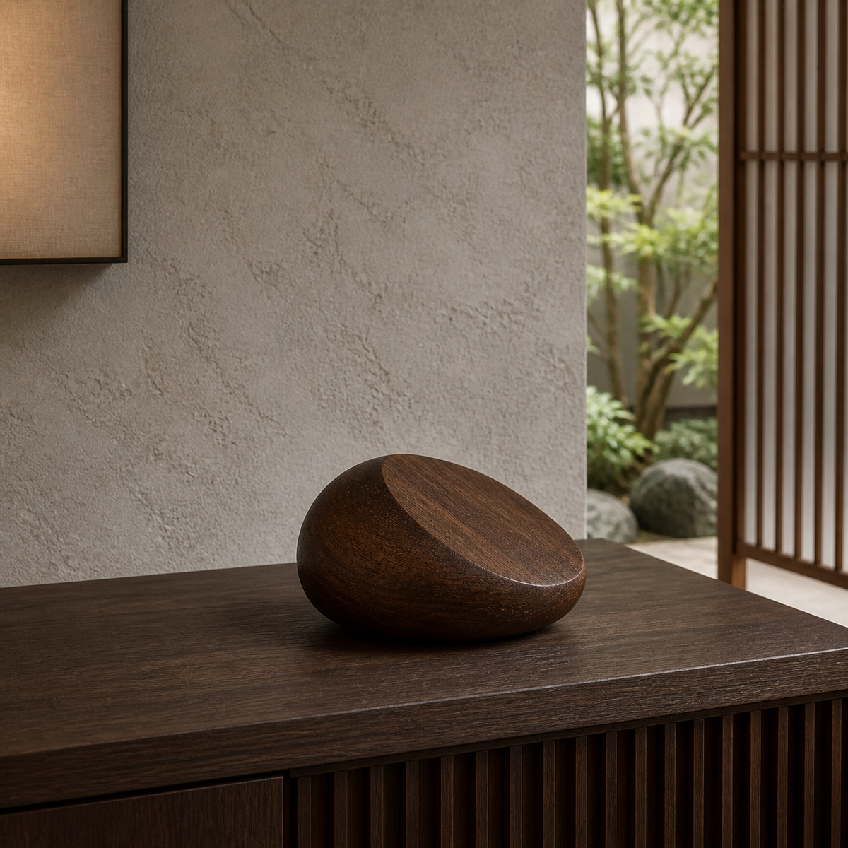 Oblique Stone, teak wood tabletop sculpture — interior view