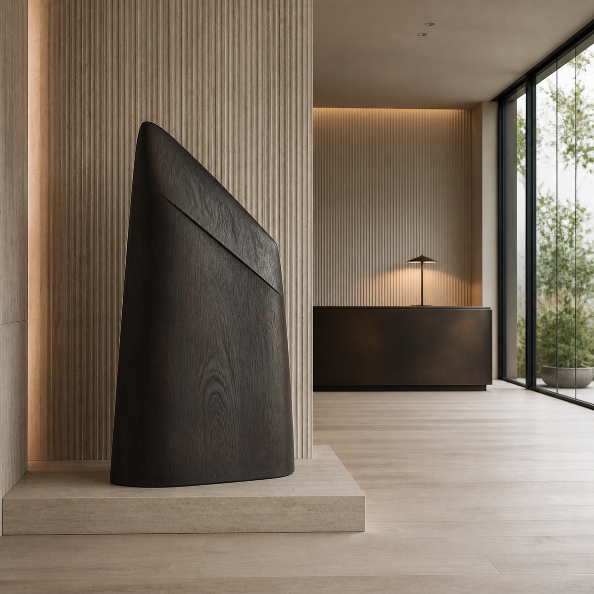 Quiet Buttress, teak wood floor sculpture — interior view