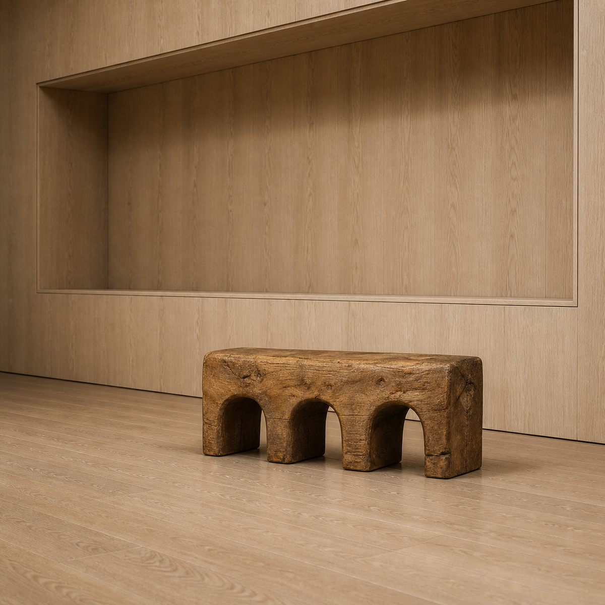 Triple Compression, teak wood console sculpture — interior view
