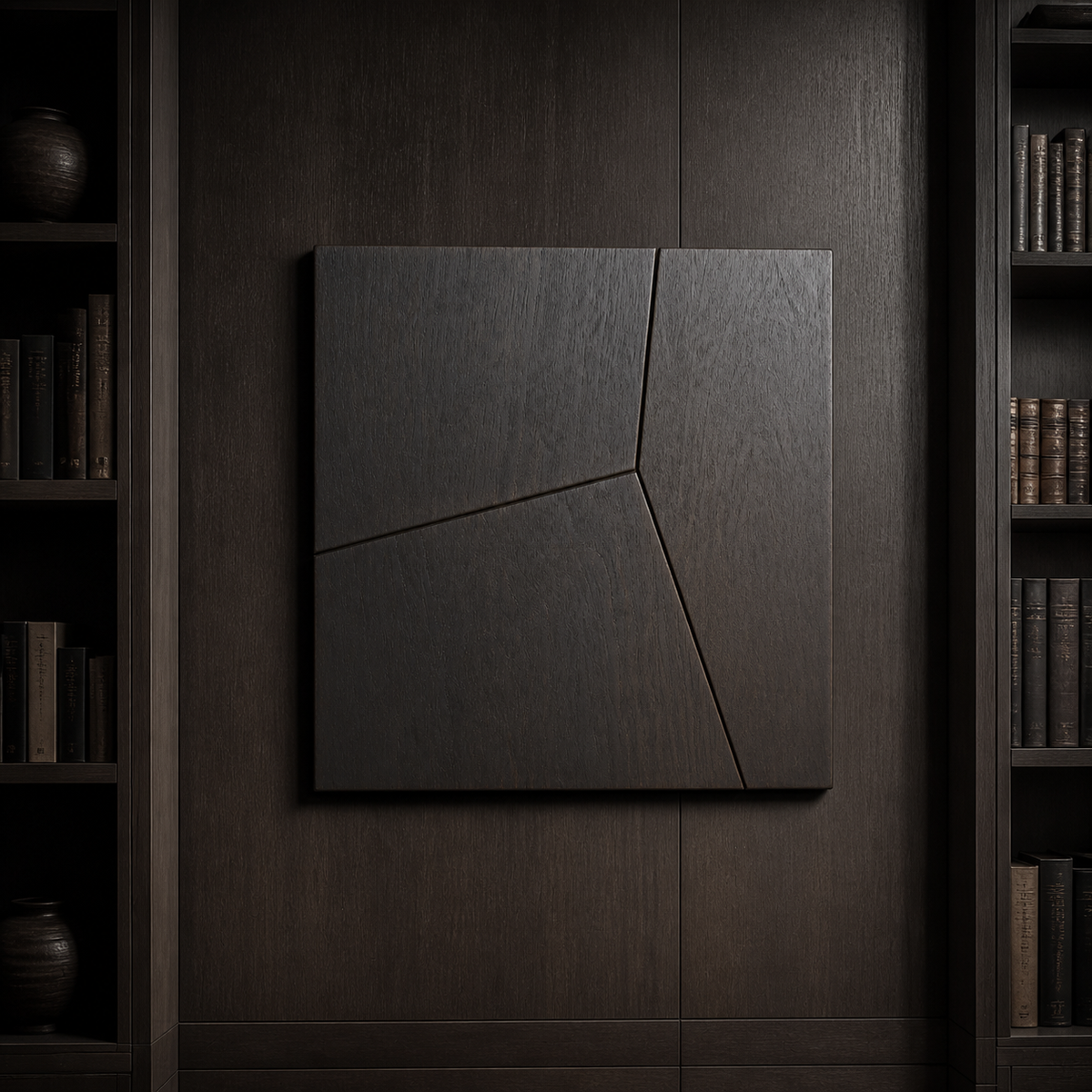 Fragmented Plane Relief, carved teak wood wall art — interior view