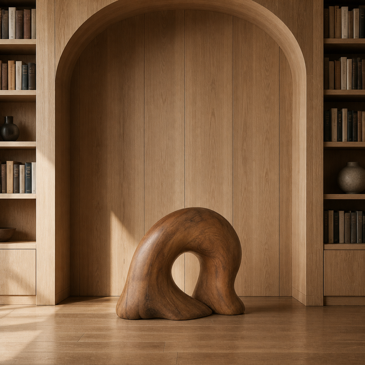 Rooted Arc, abstract teak wood sculpture — interior view