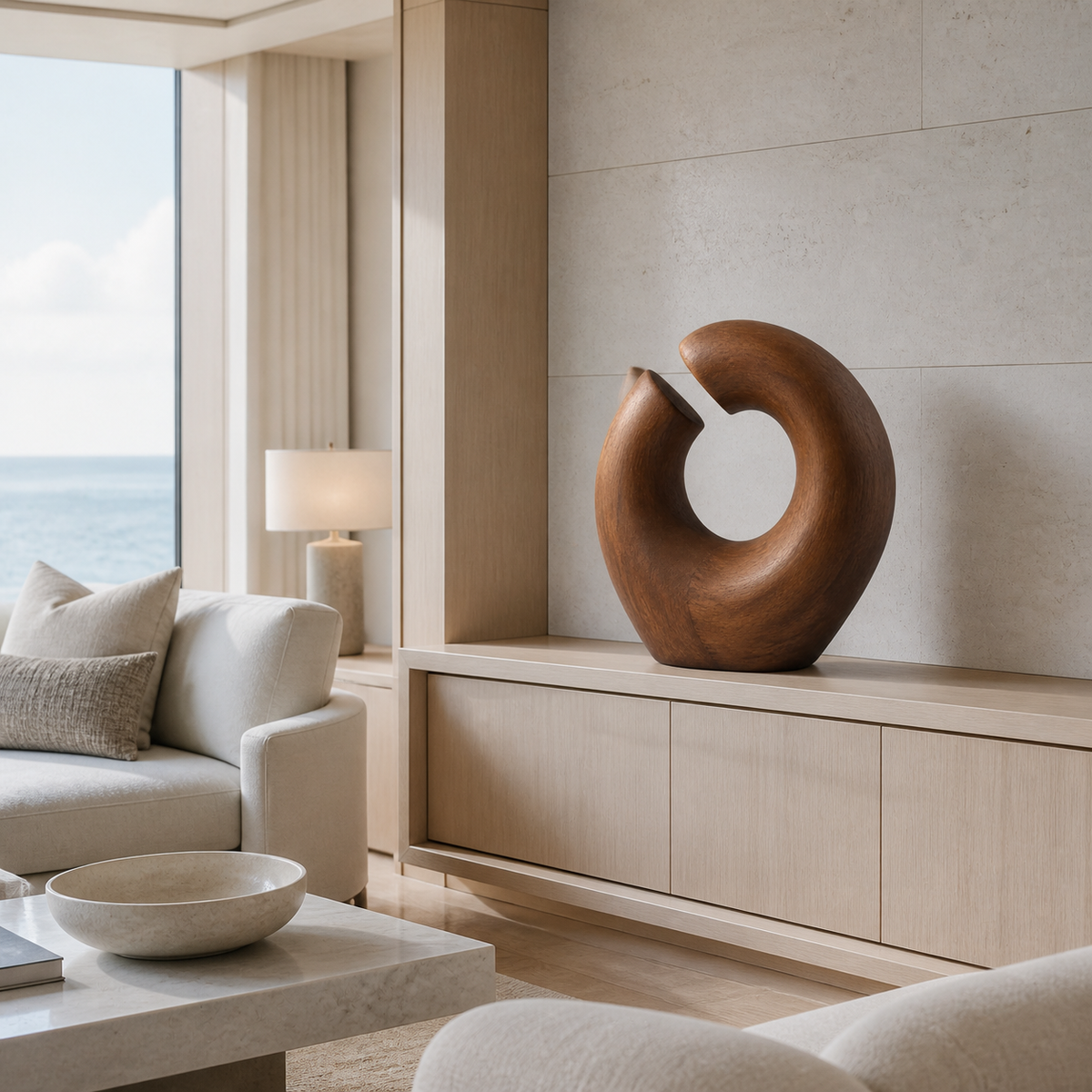 Severed Loop, teak wood tabletop sculpture — interior view