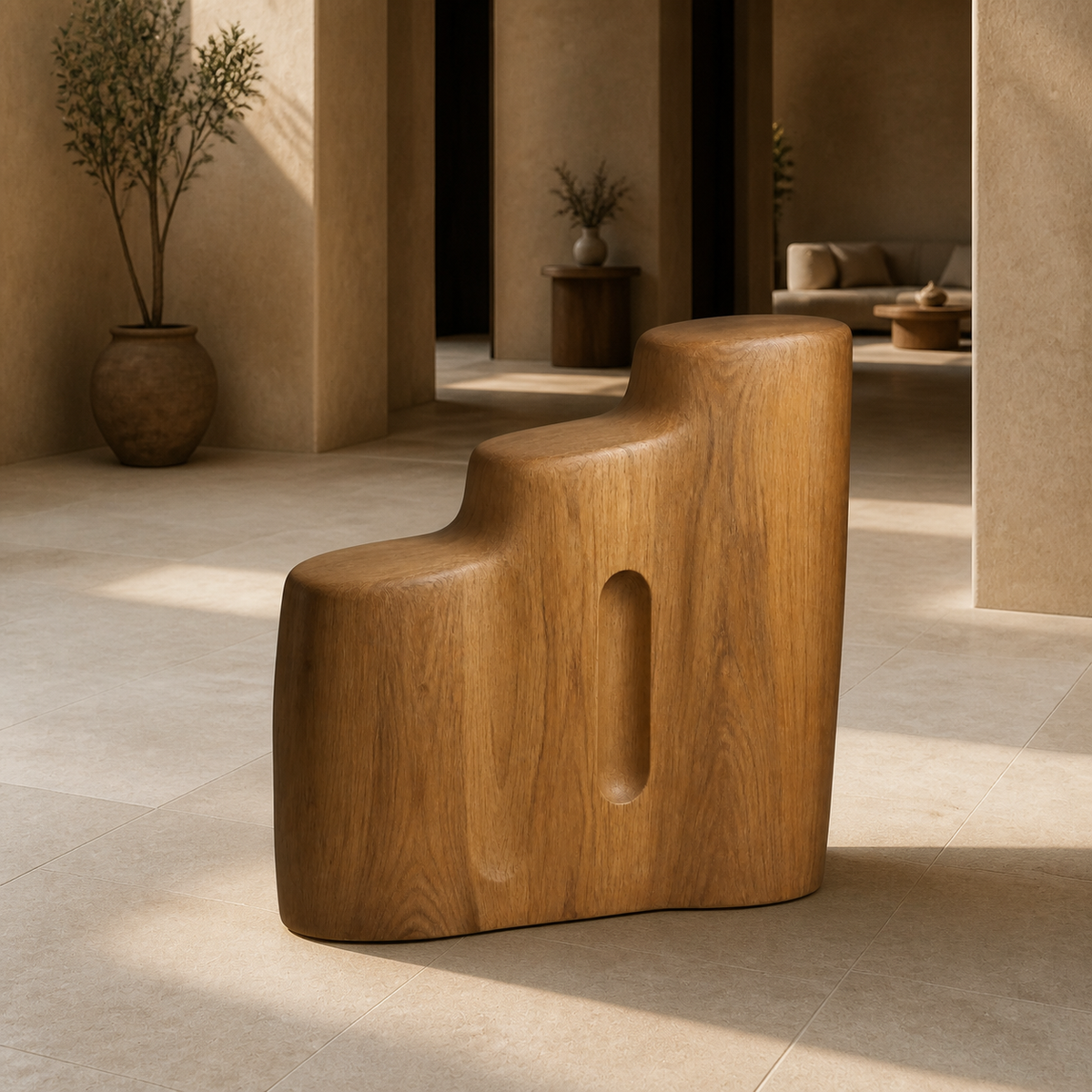 Terraced Rise, teak wood floor sculpture — interior view