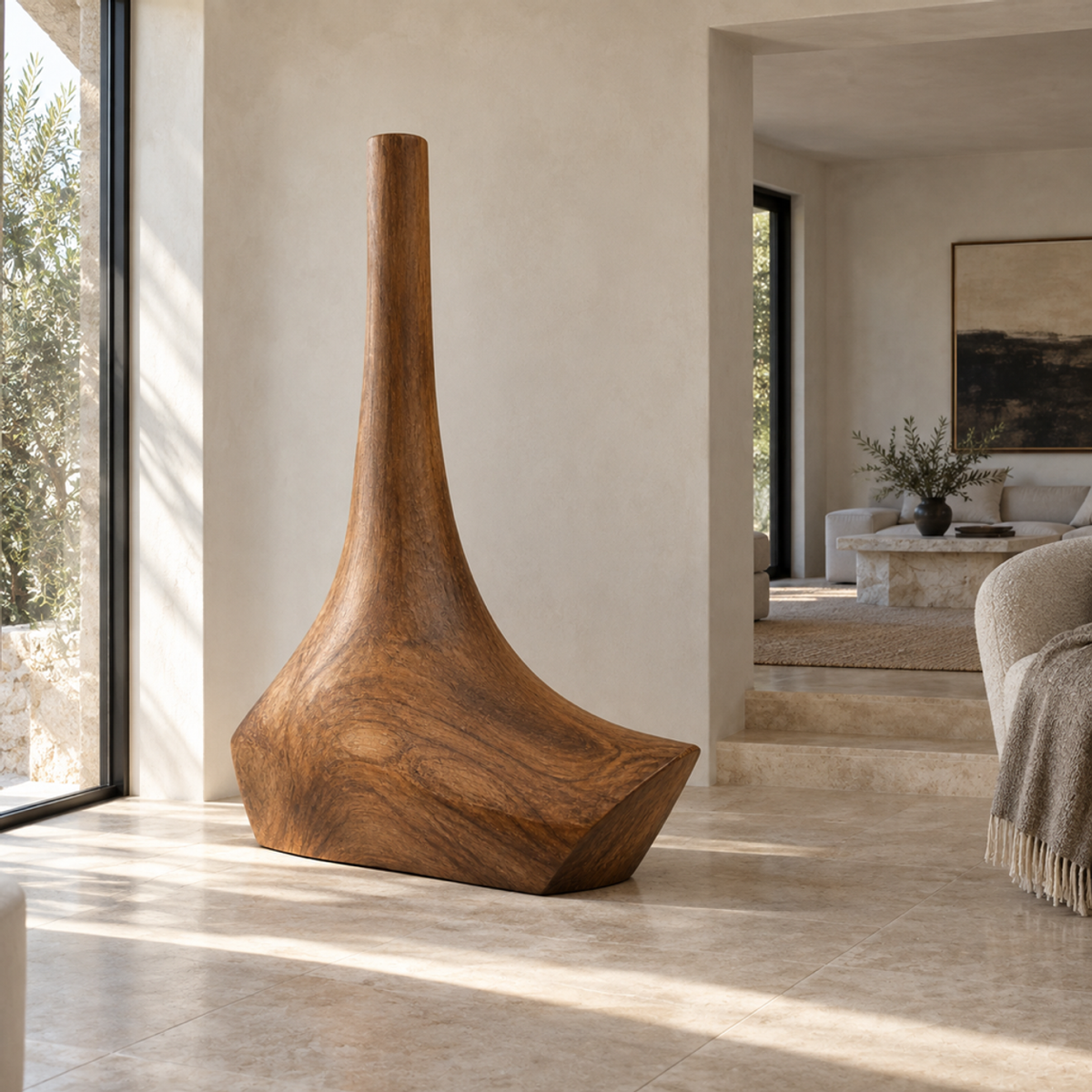 Tapered Anchorage, teak wood floor sculpture — interior view