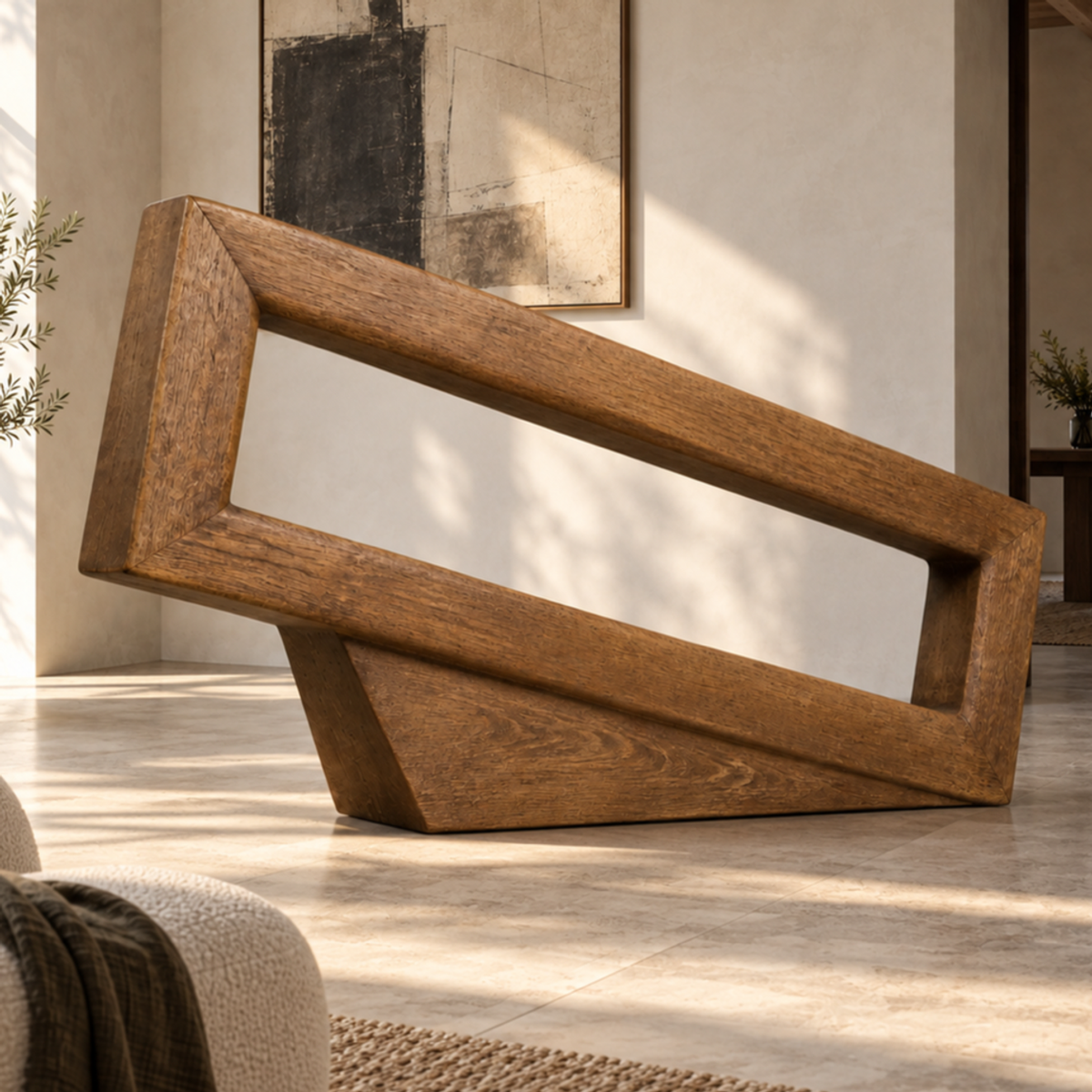 Pivot Frame, teak wood floor sculpture — interior view