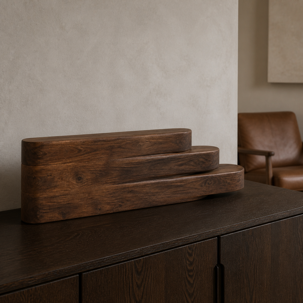 Layered Reach, teak wood console sculpture — interior view