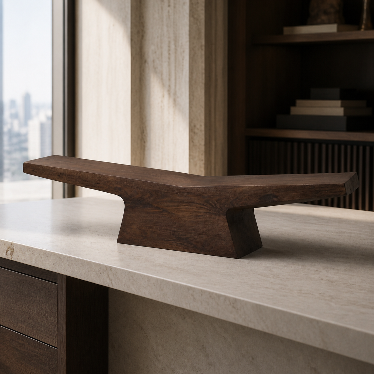 Pivot Lintel, teak wood console sculpture — interior view