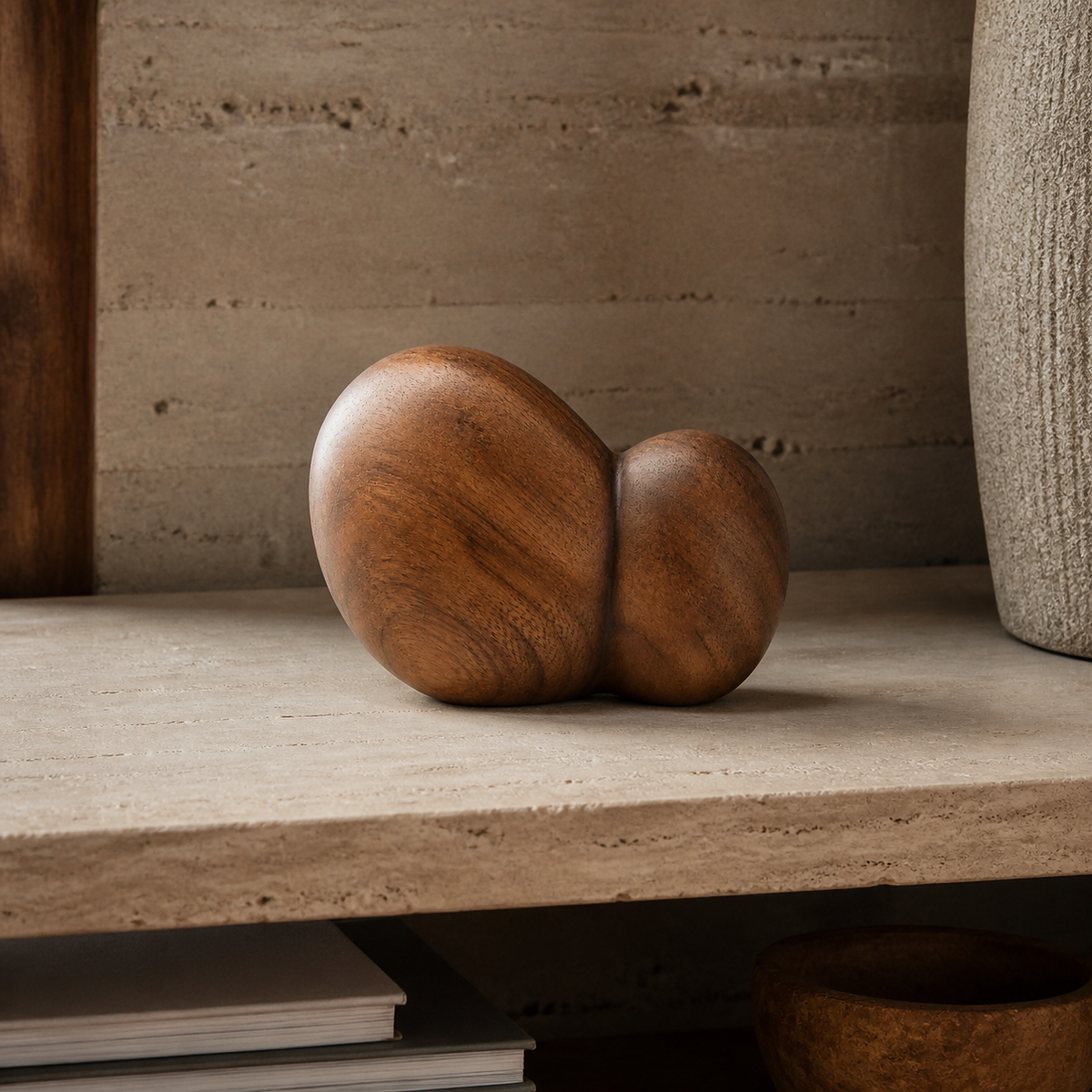 Twin Pebble, teak wood tabletop sculpture — interior view