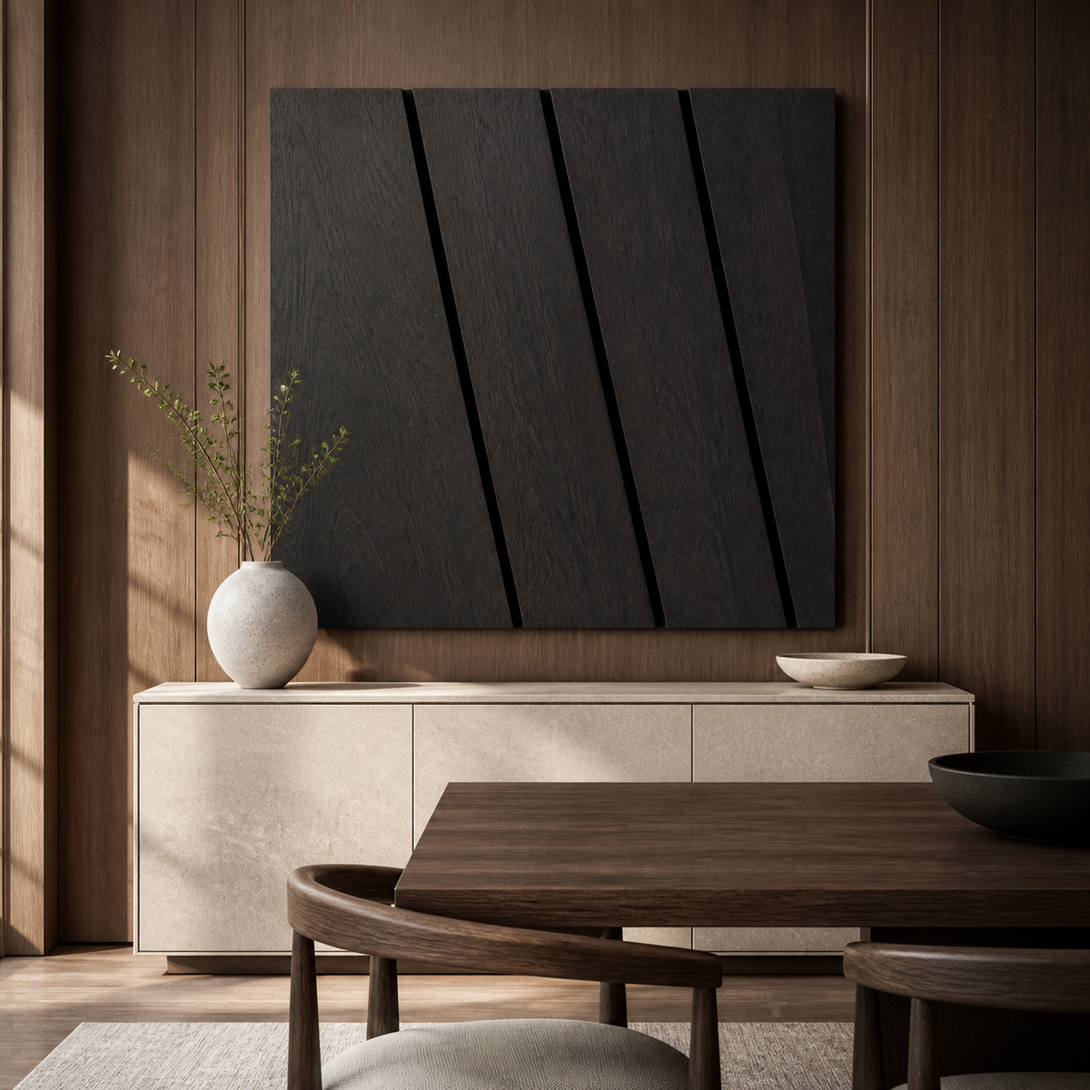 Fracture Field Relief, carved teak wood wall art — interior view