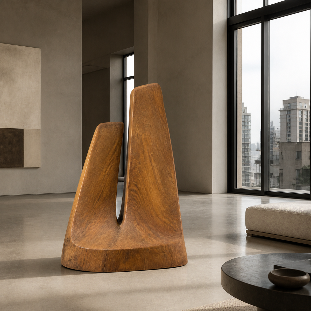 Inward Lean, teak wood floor sculpture — interior view