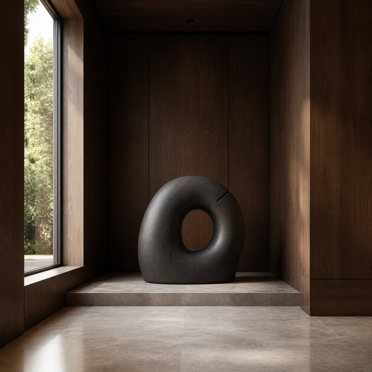 Rift Halo, teak wood floor sculpture — interior view