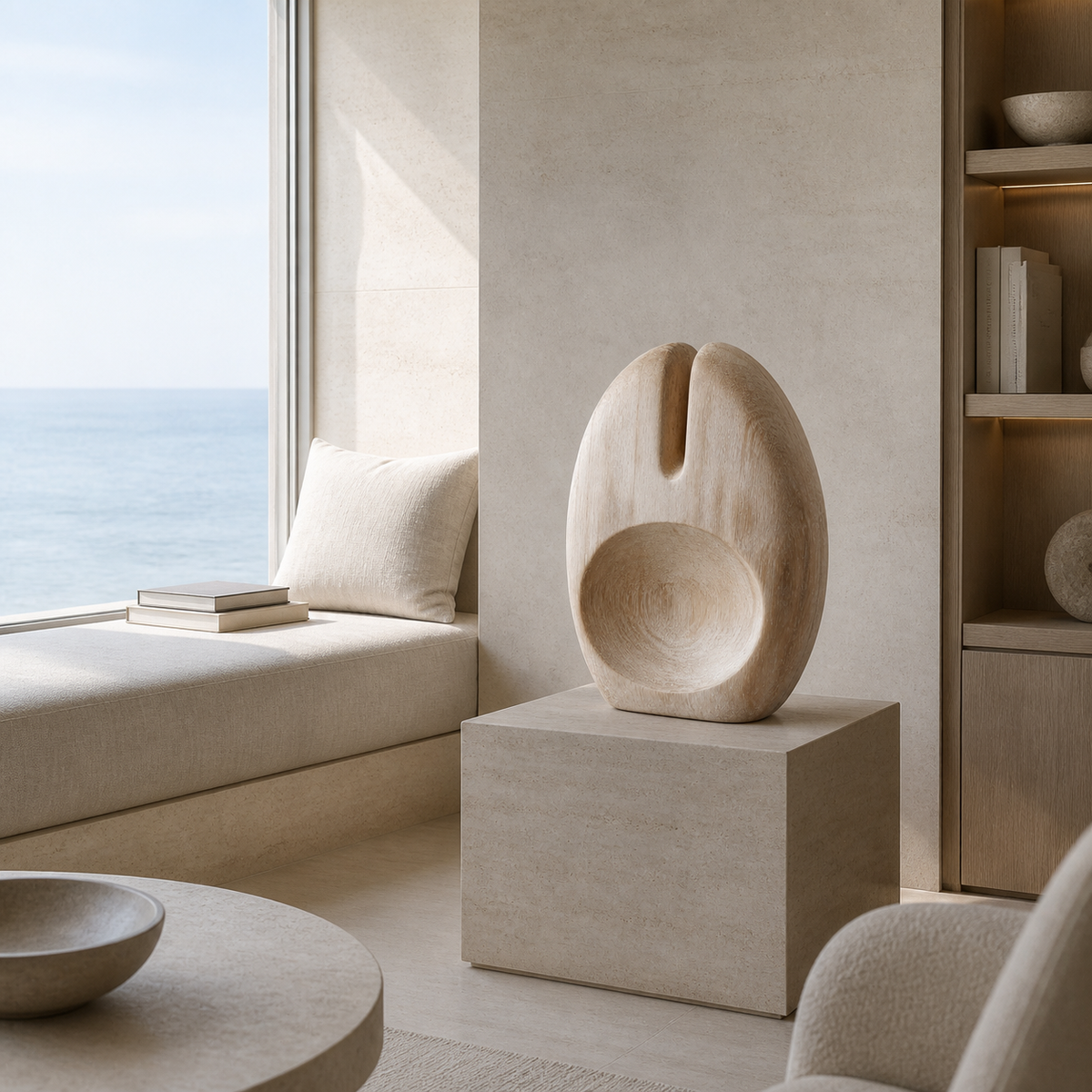 Split Vessel, abstract teak wood sculpture — interior view