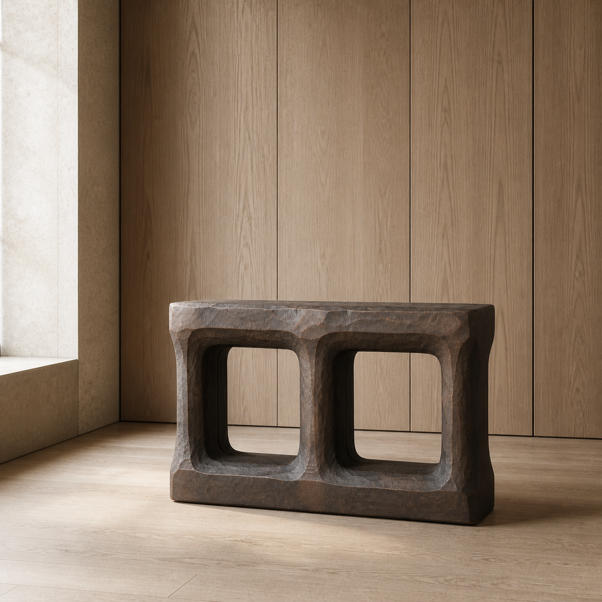 Stacked Threshold, teak wood console sculpture — interior view
