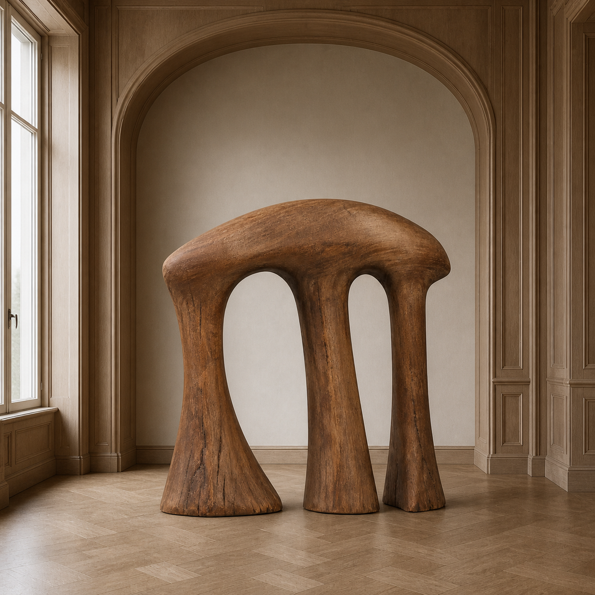 Offset Colonnade, teak wood console sculpture — interior view