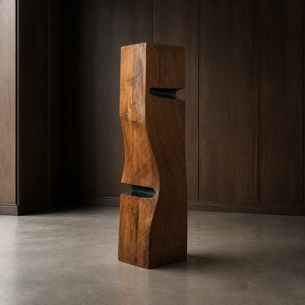 Crosscurrent Totem, teak wood floor sculpture — interior view