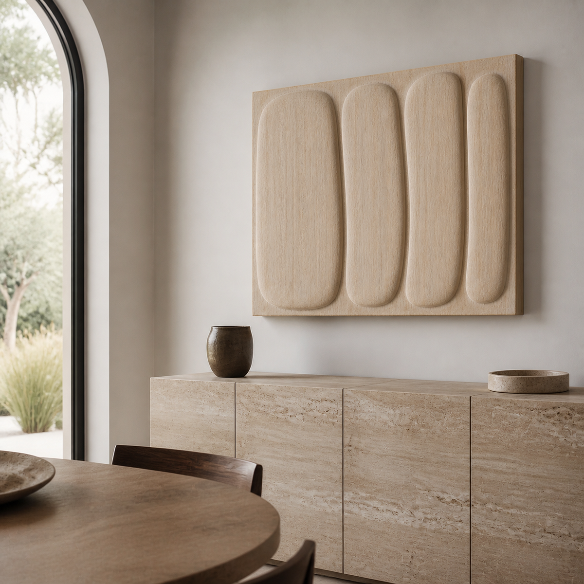 Compression Field Relief, carved teak wood wall art — interior view