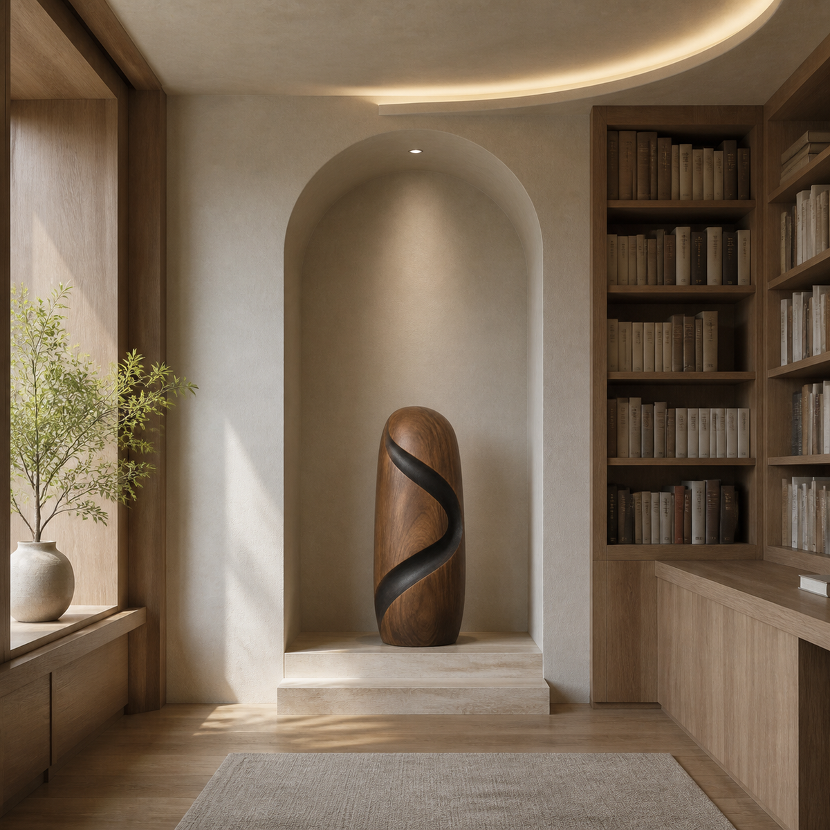 Spiral Rift Monolith, teak wood floor sculpture — interior view