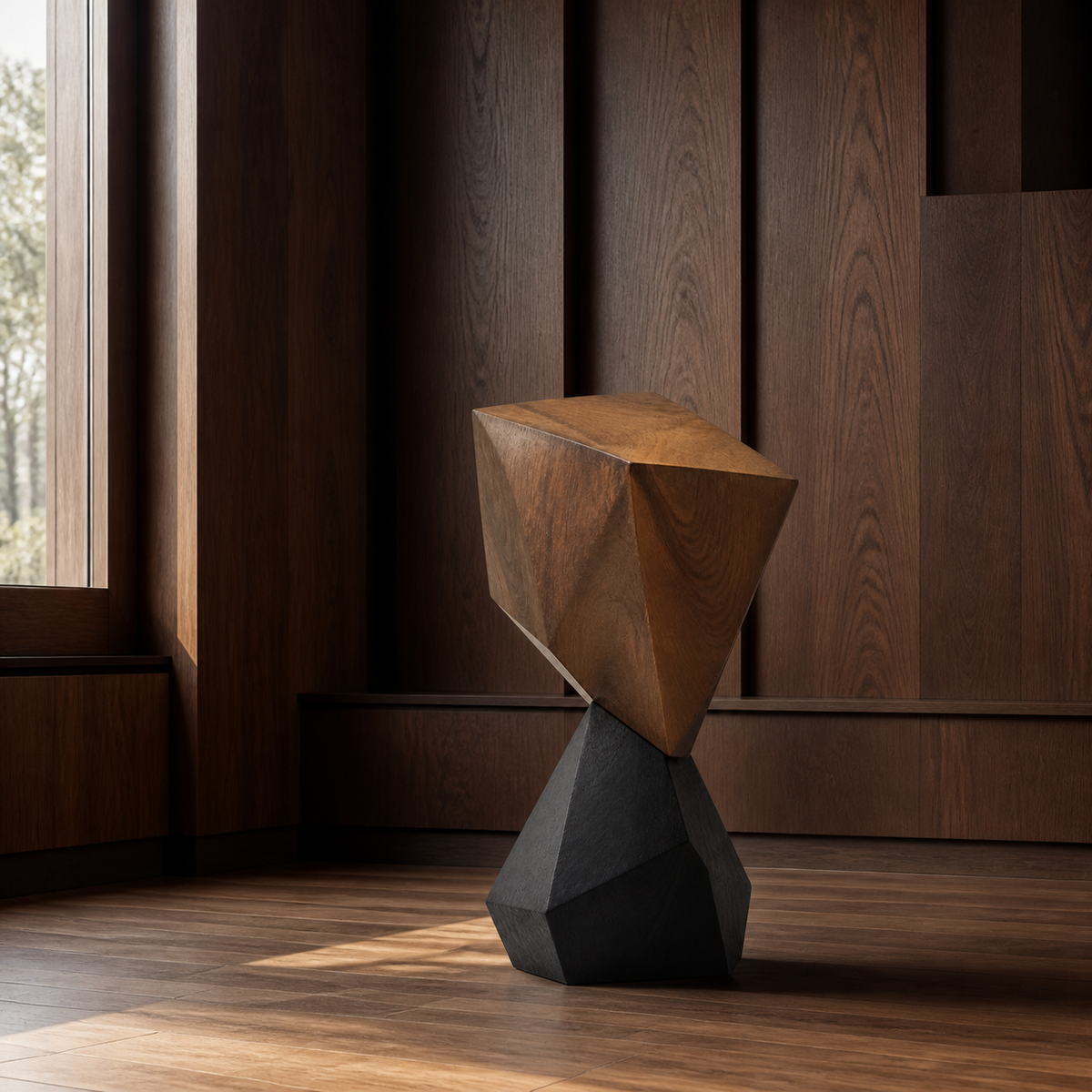 Prism Balance, abstract teak wood sculpture — interior view