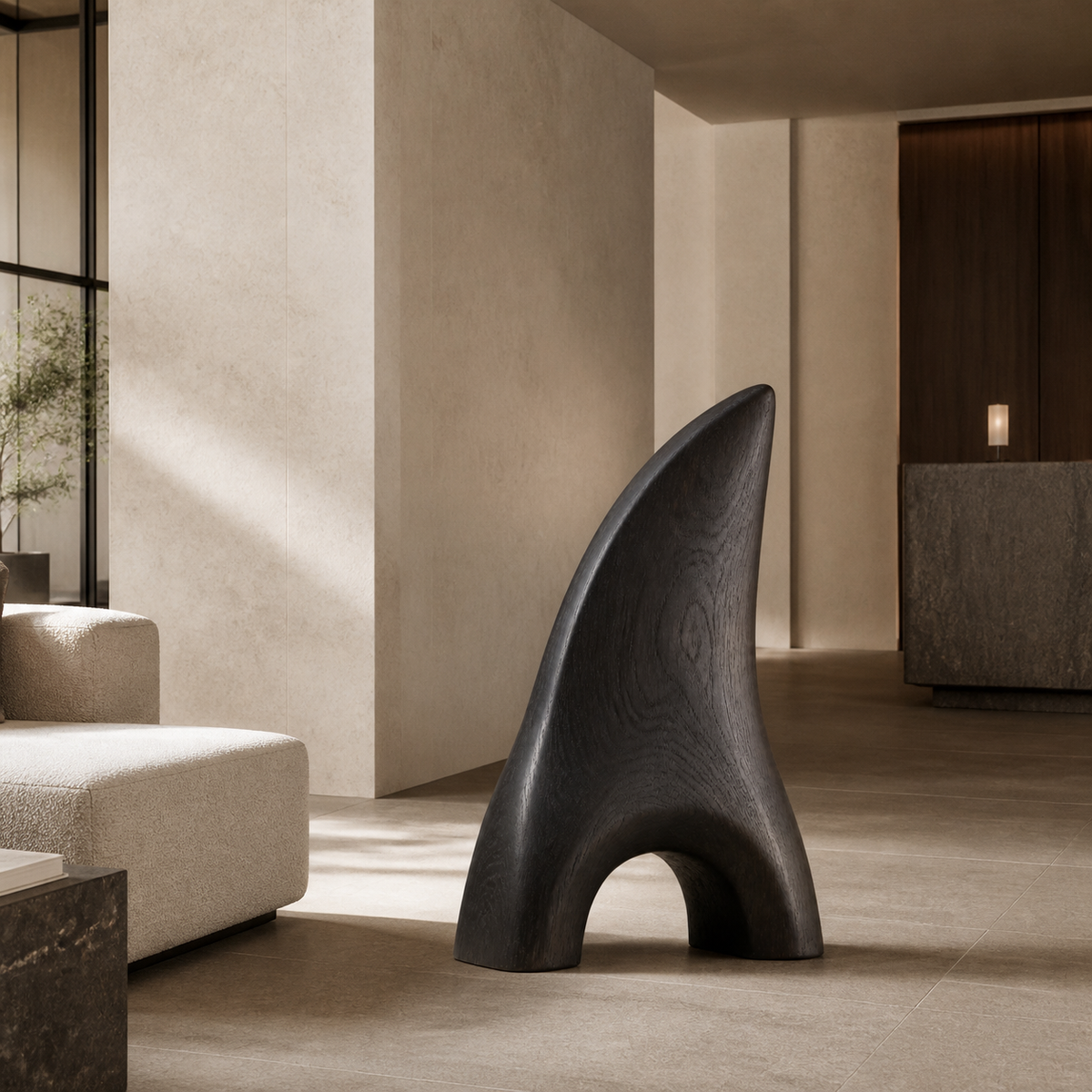 Vaulted Blade, teak wood floor sculpture — interior view