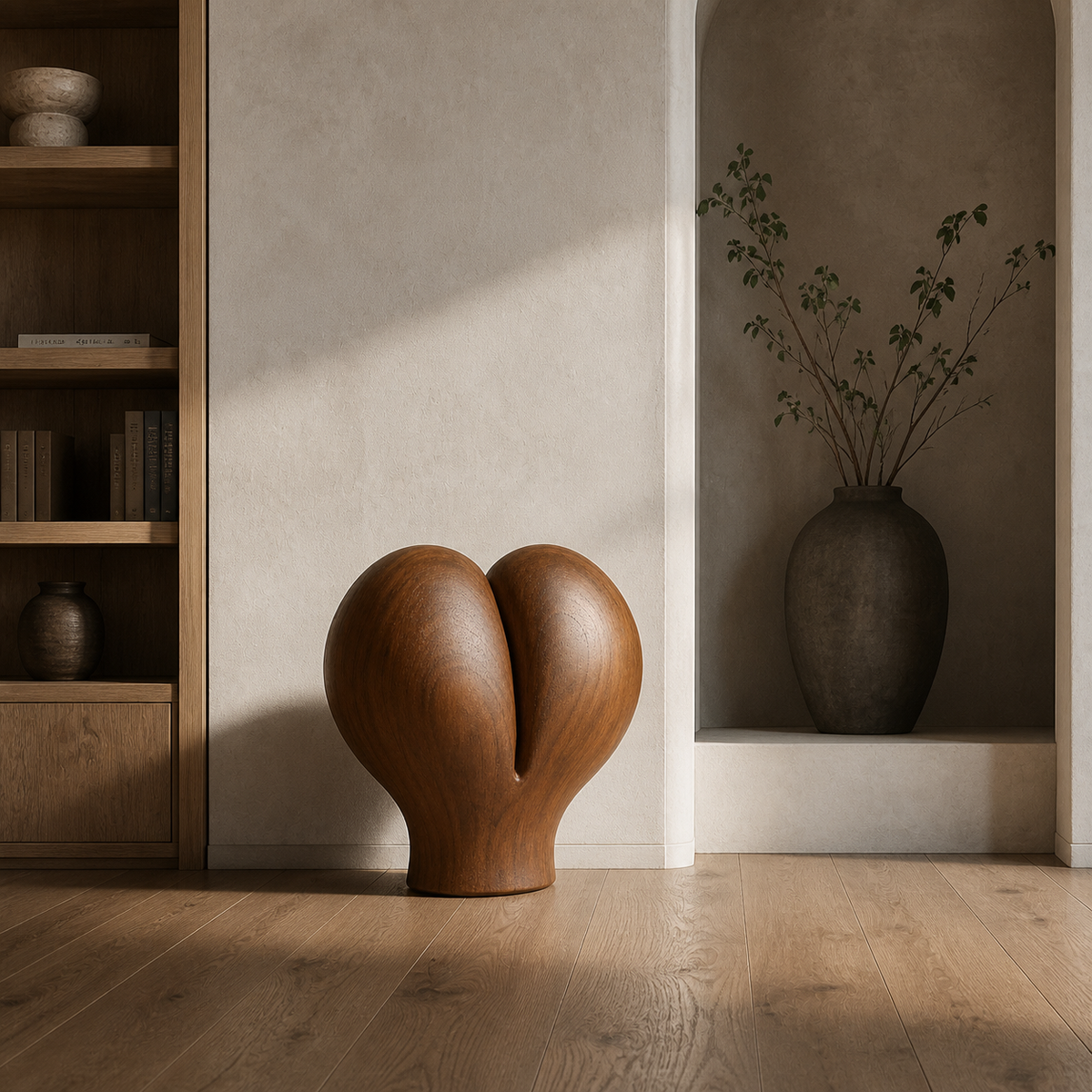 Split Bloom, abstract teak wood sculpture — interior view