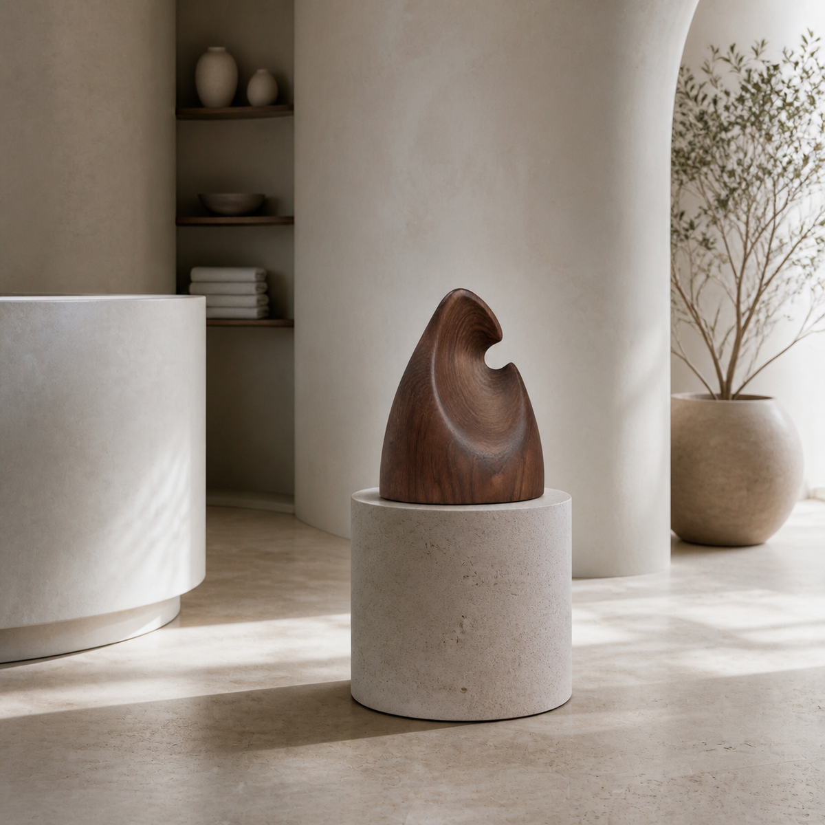 Inward Crest, abstract teak wood sculpture — interior view