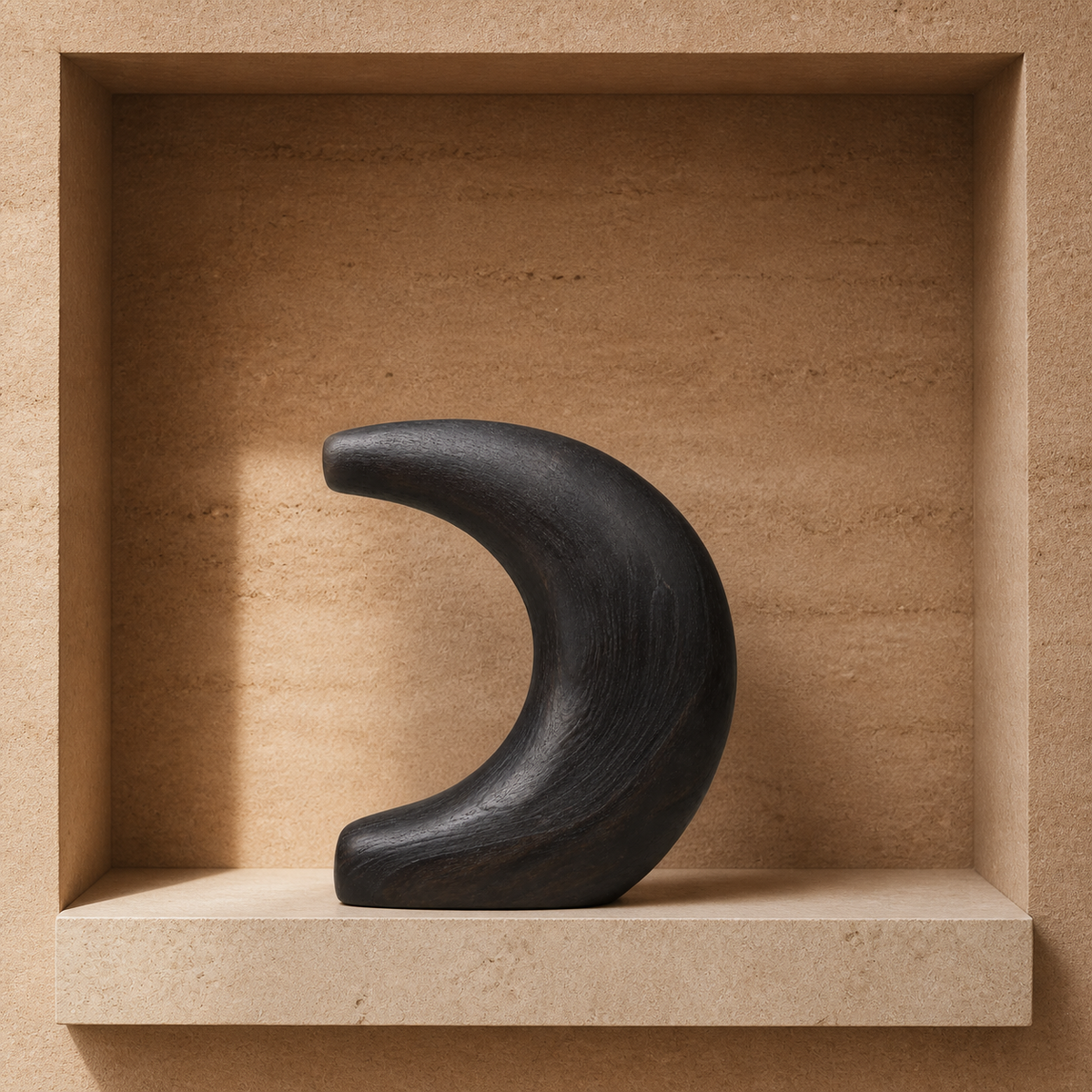 Cantilever Moon, abstract teak wood sculpture — interior view