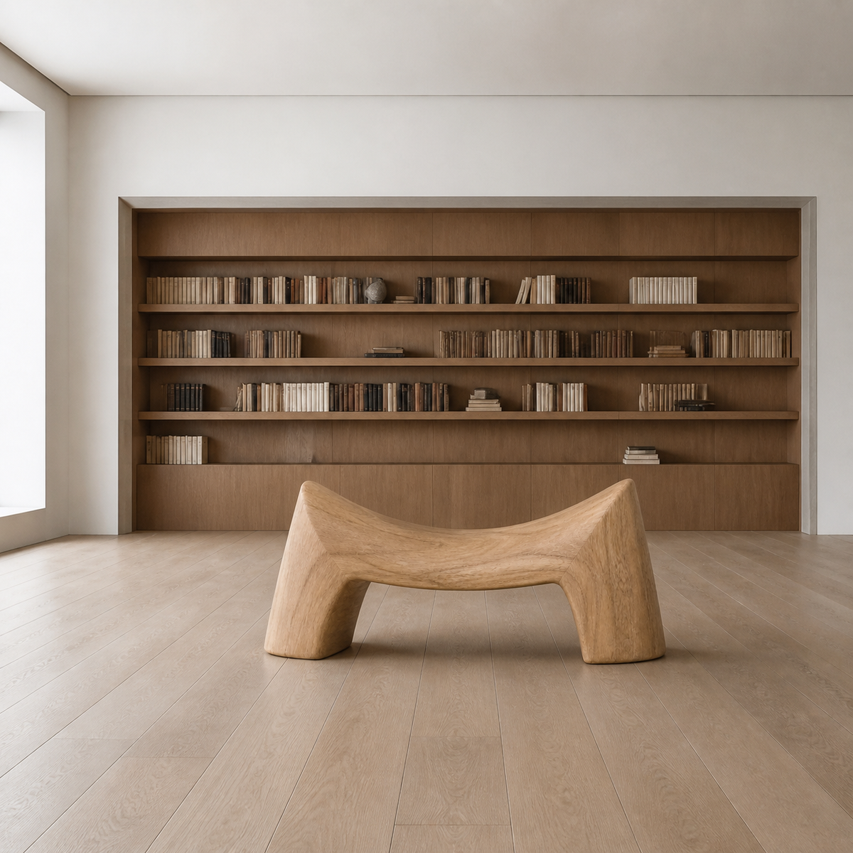 Arc Beam, teak wood console sculpture — interior view