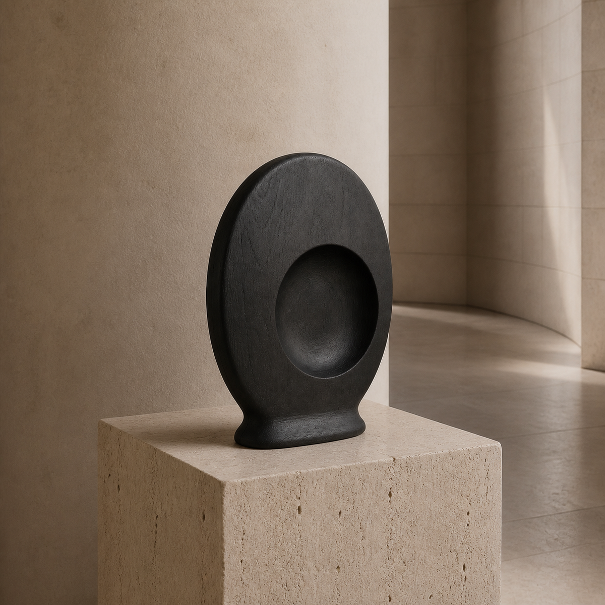 Pressed Orbit, abstract teak wood sculpture — interior view