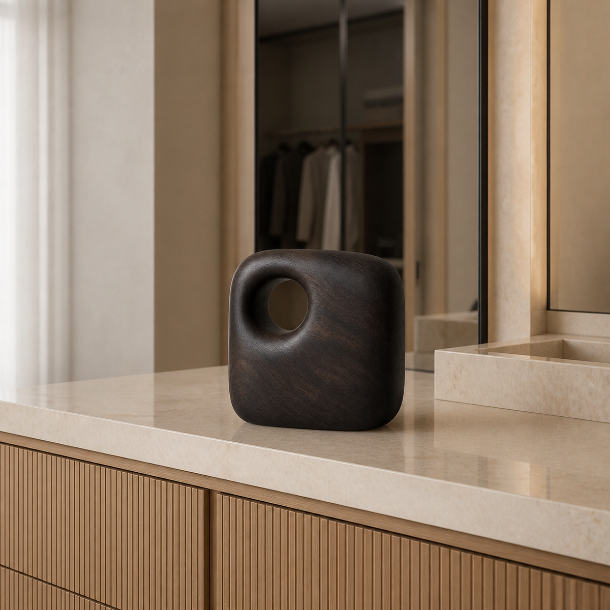 Captured Void, teak wood tabletop sculpture — interior view