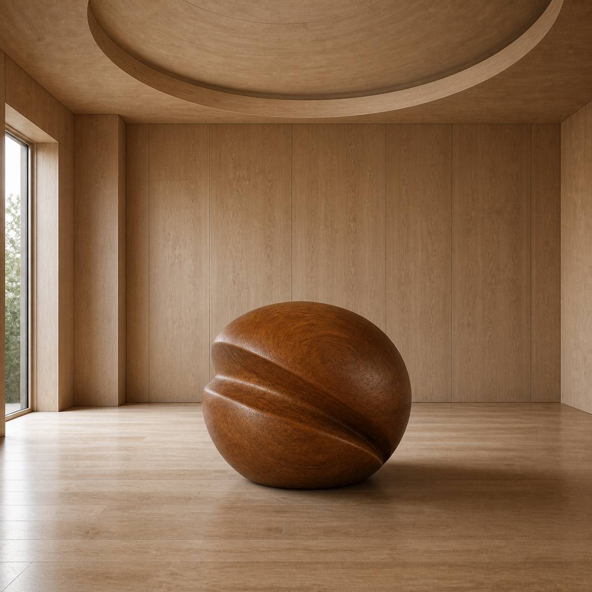 Pressed Helix, abstract teak wood sculpture — interior view