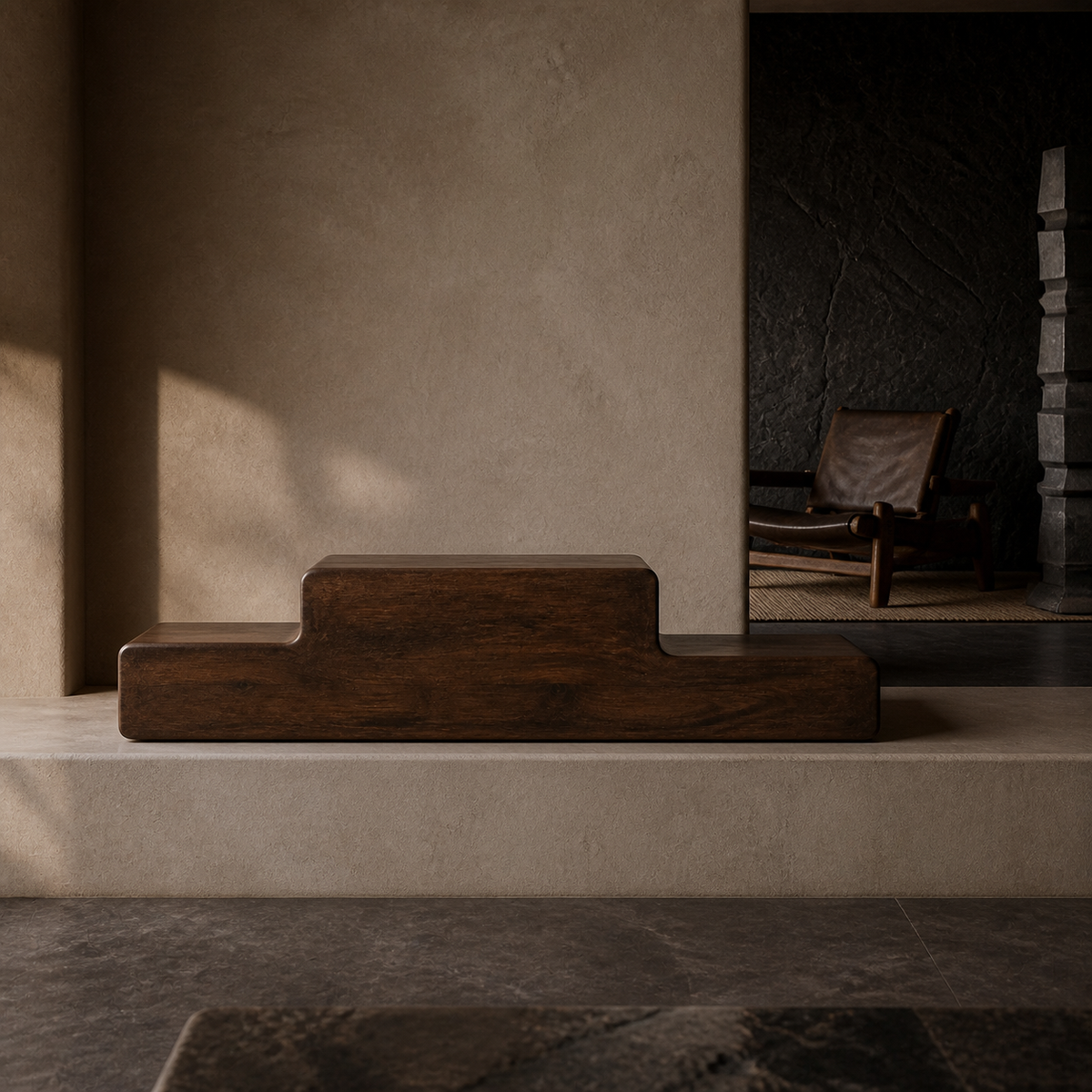 Folded Horizon Console, teak wood console sculpture — interior view