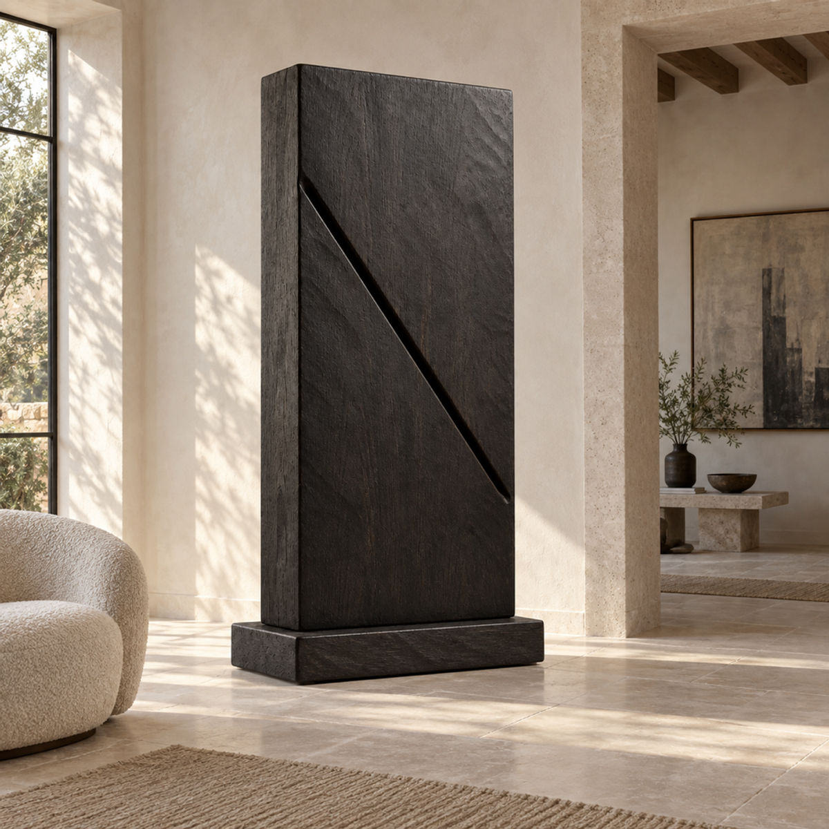 Bisected Tower, teak wood floor sculpture — interior view