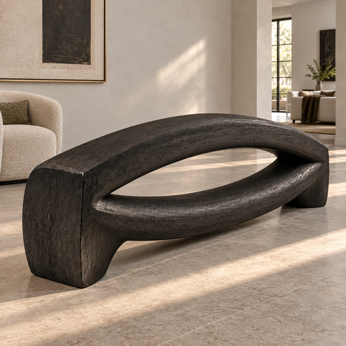 Bowed Traverse, teak wood floor sculpture — interior view