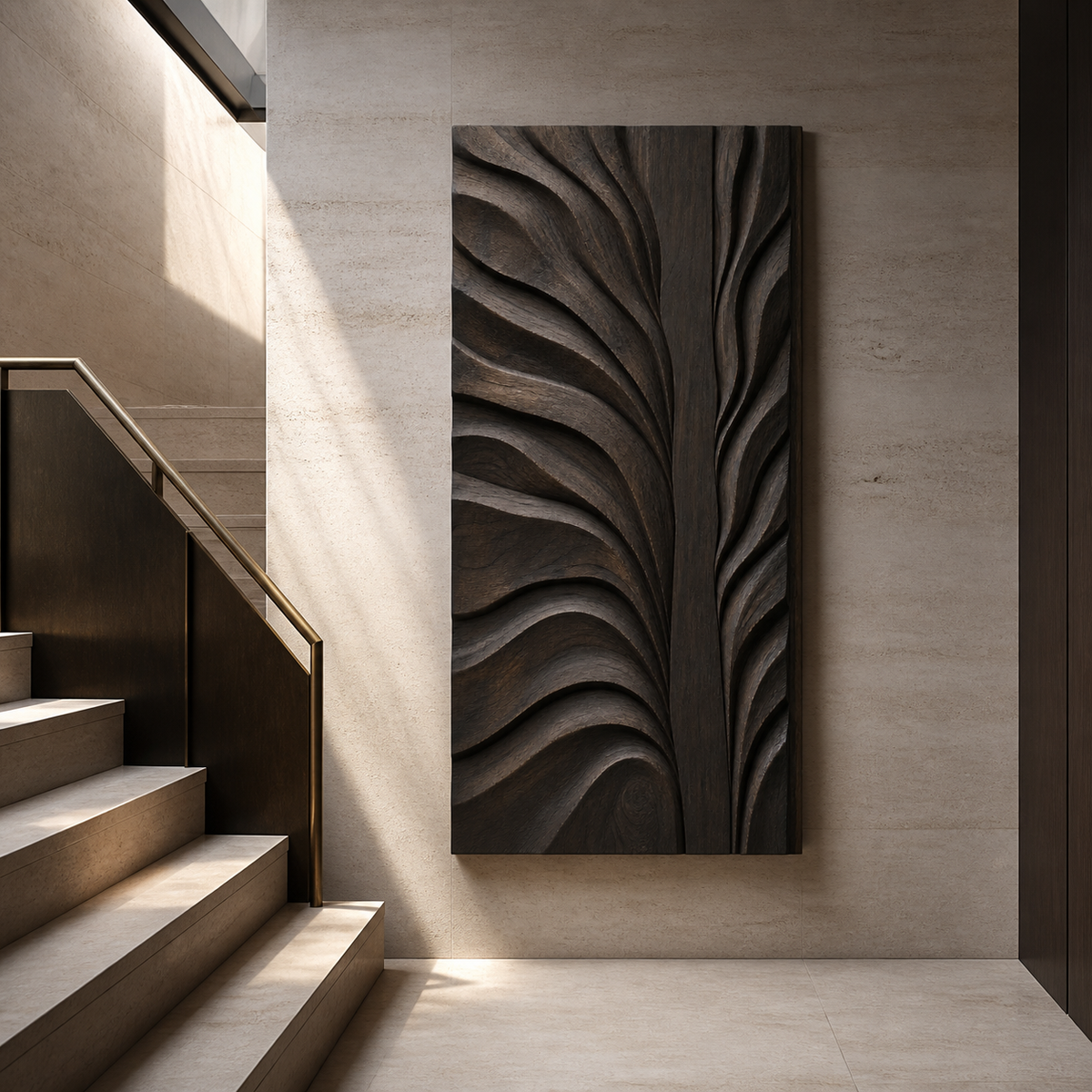 Confluence Relief, carved teak wood wall art — interior view