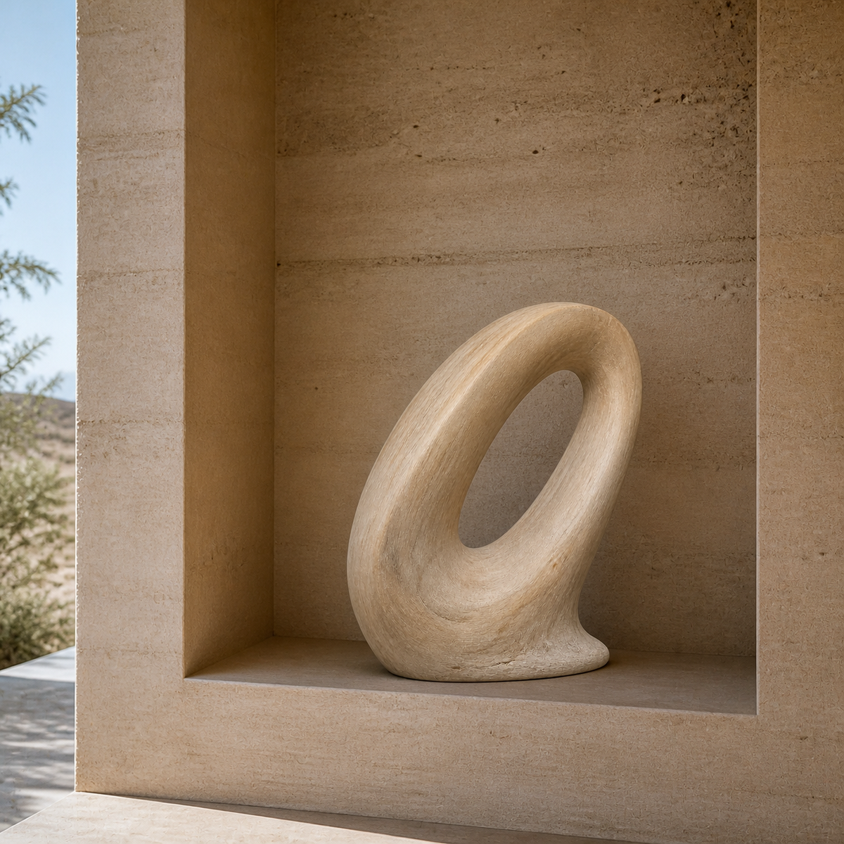 Oblique Halo, abstract teak wood sculpture — interior view