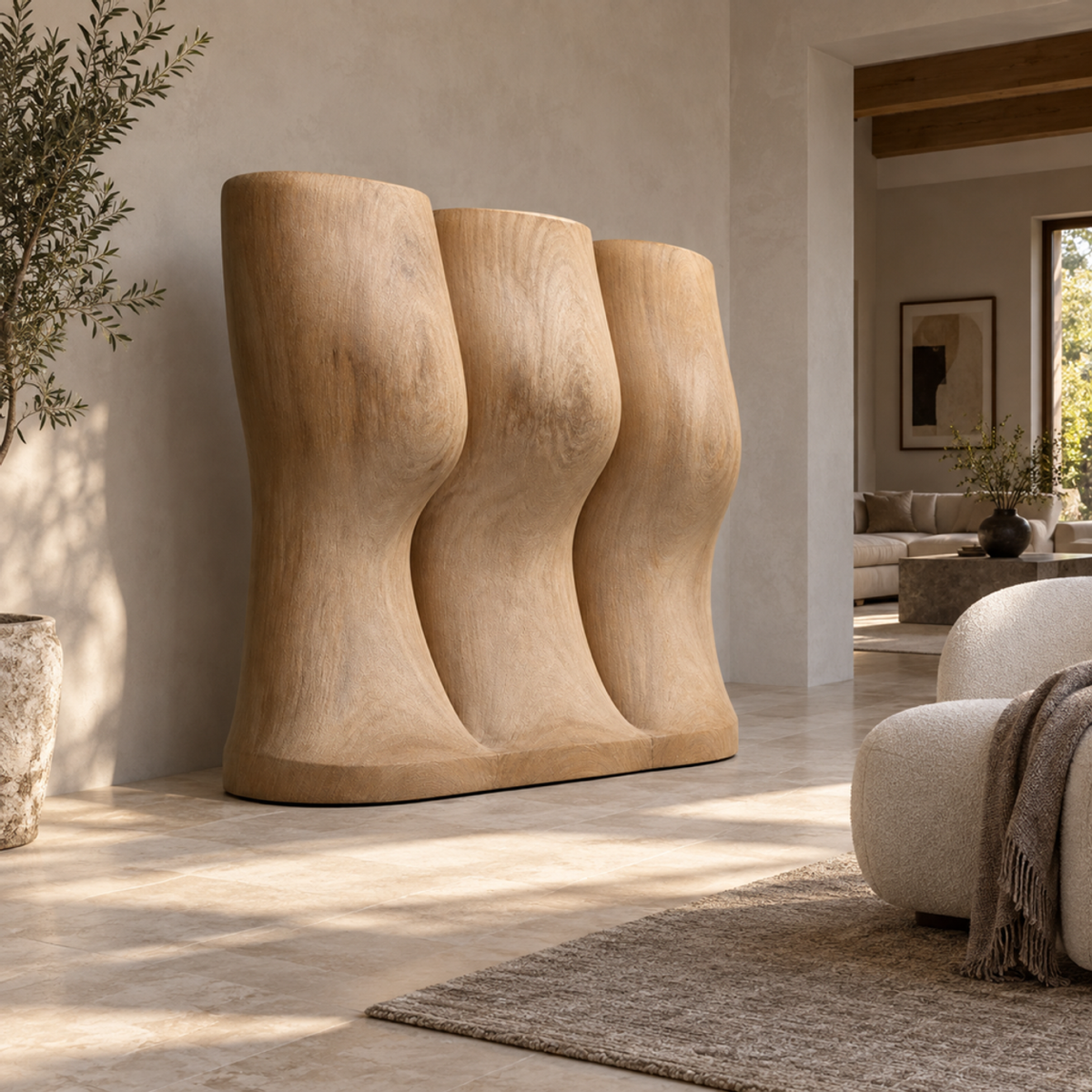 Lateral Drift, teak wood floor sculpture — interior view