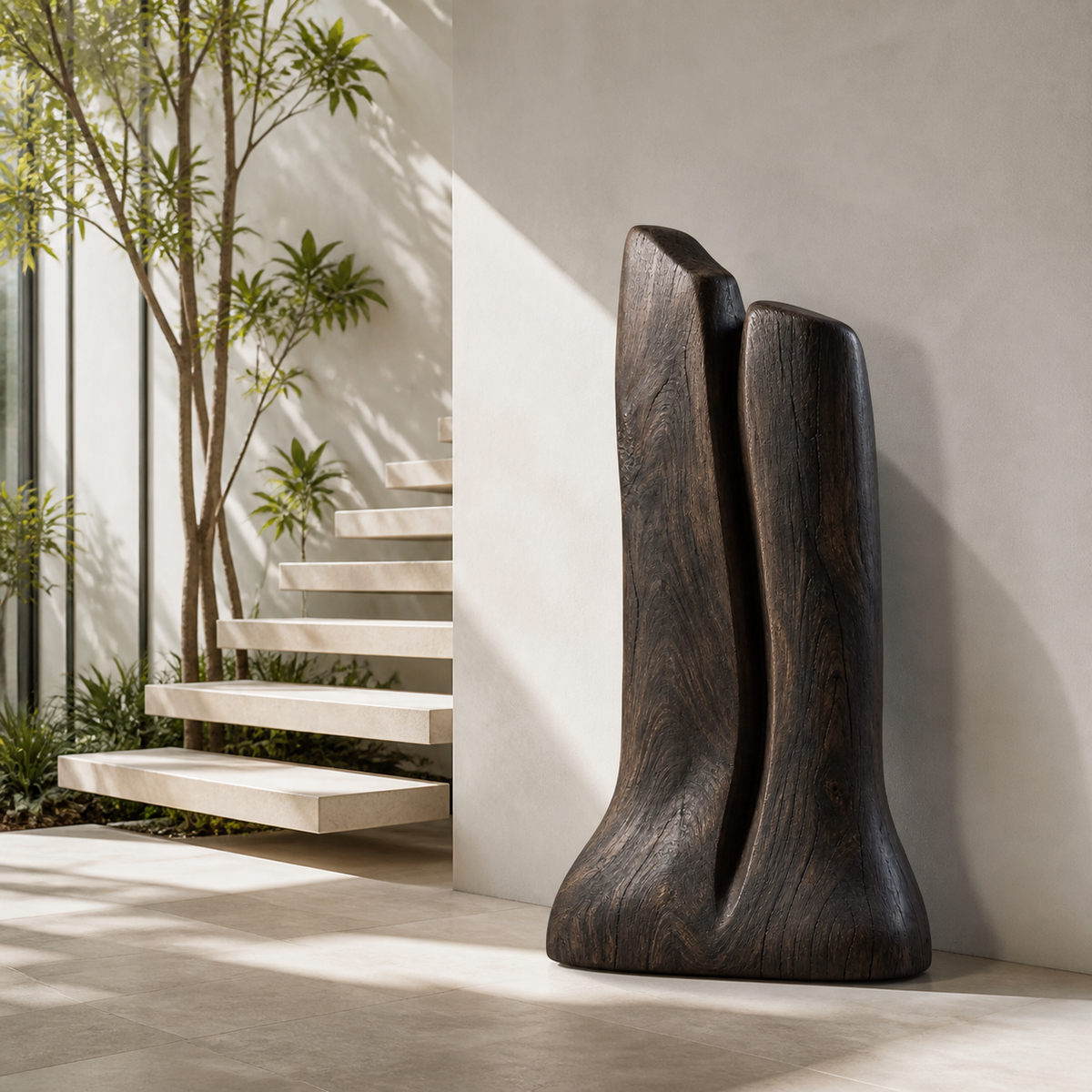 Crown Divide, teak wood floor sculpture — interior view