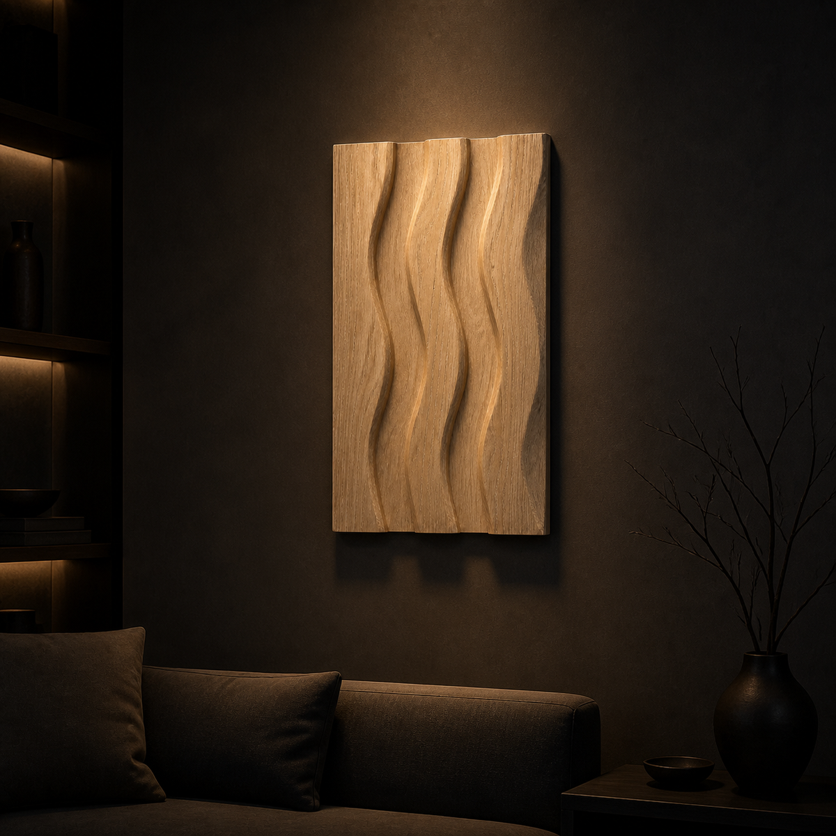 Vertical Tide Relief, carved teak wood wall art — interior view