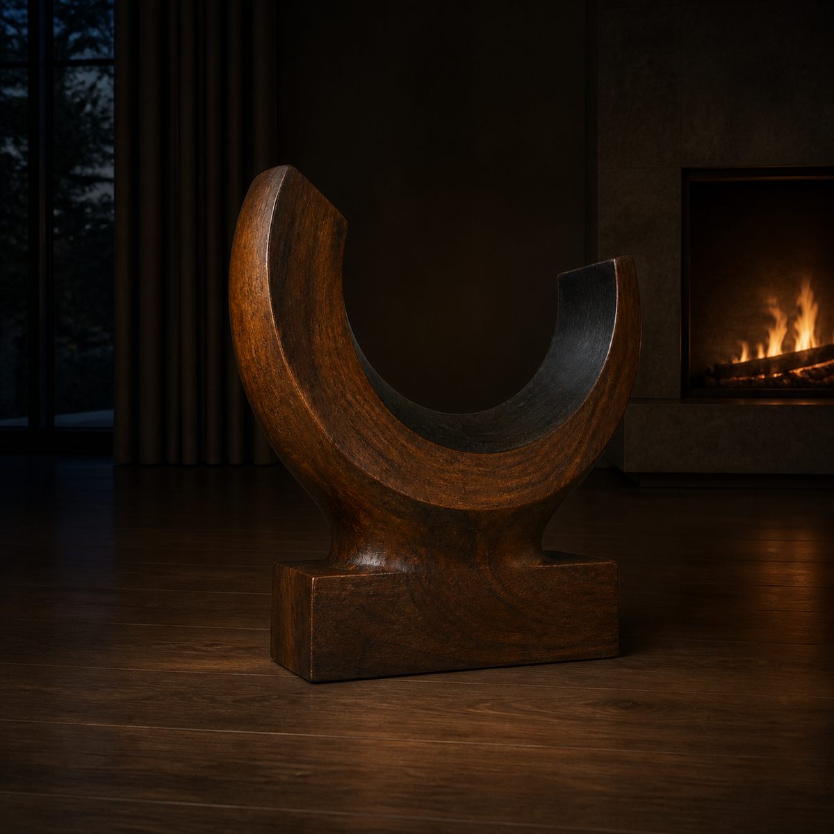 Lunar Yoke, abstract teak wood sculpture — interior view