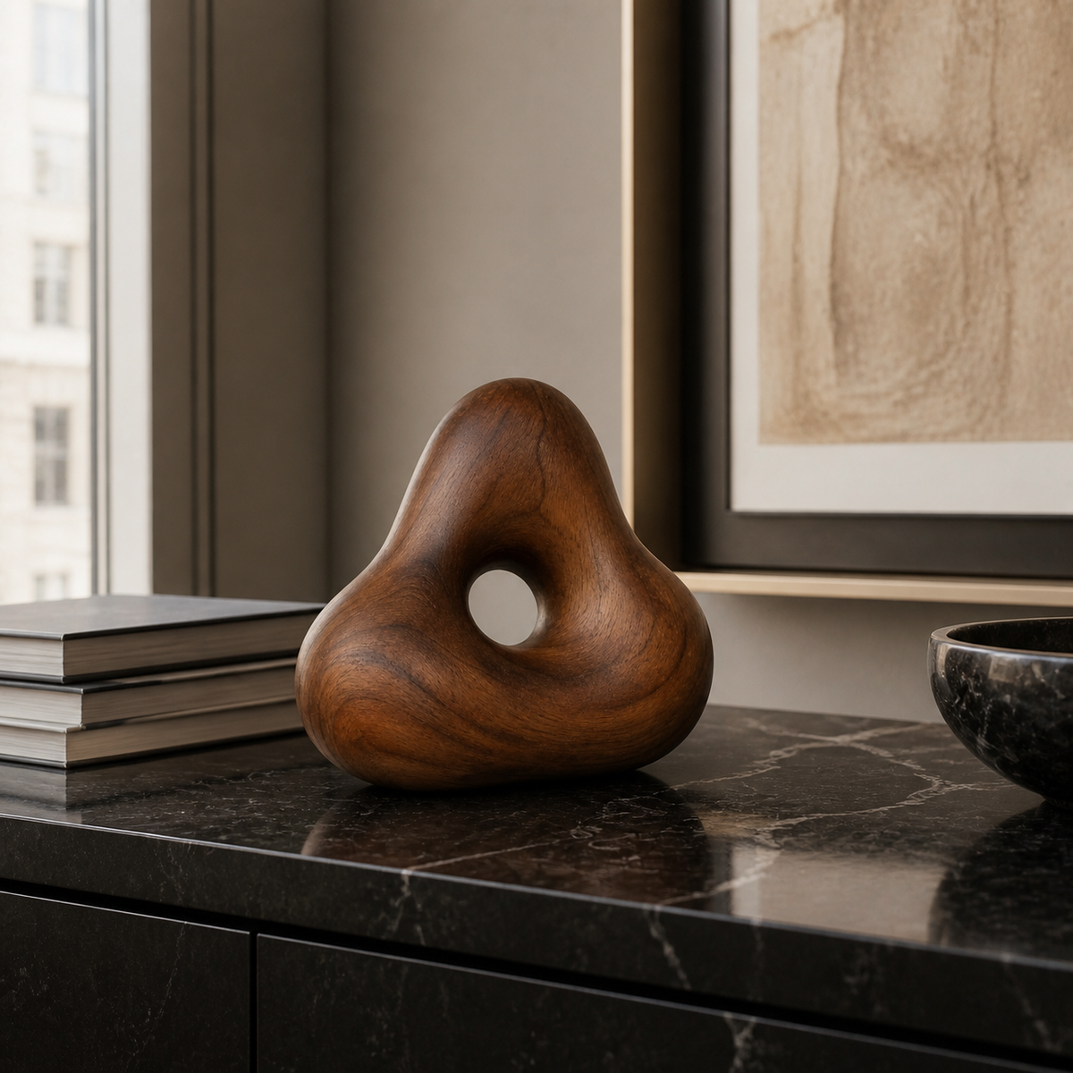 Knotted Aperture, teak wood tabletop sculpture — interior view