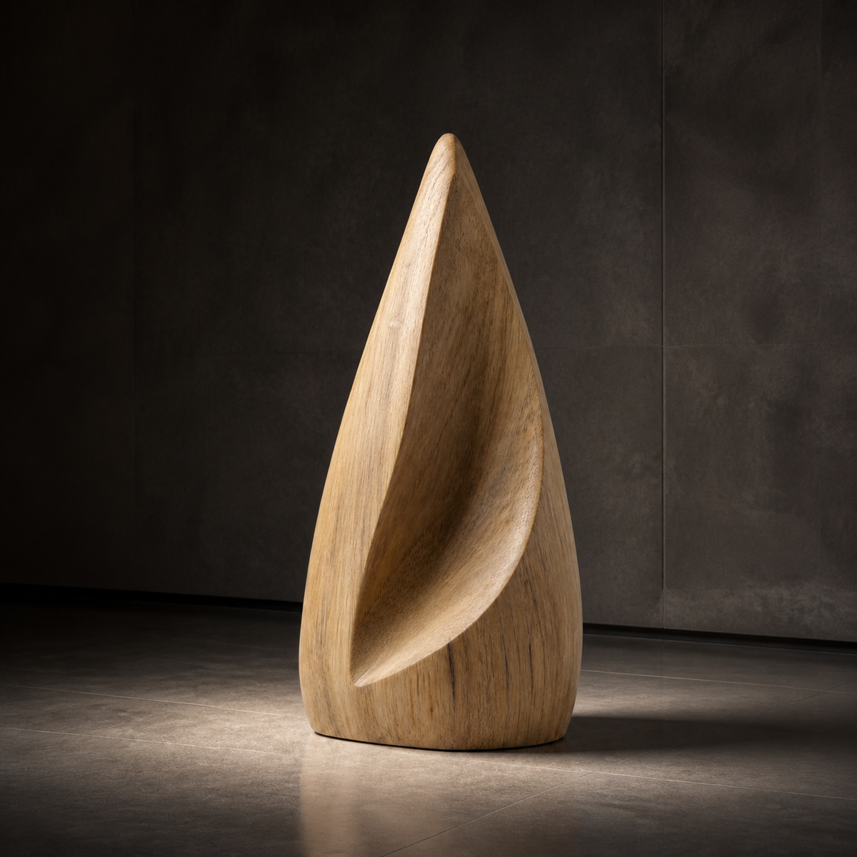 Folded Spire, teak wood floor sculpture — interior view