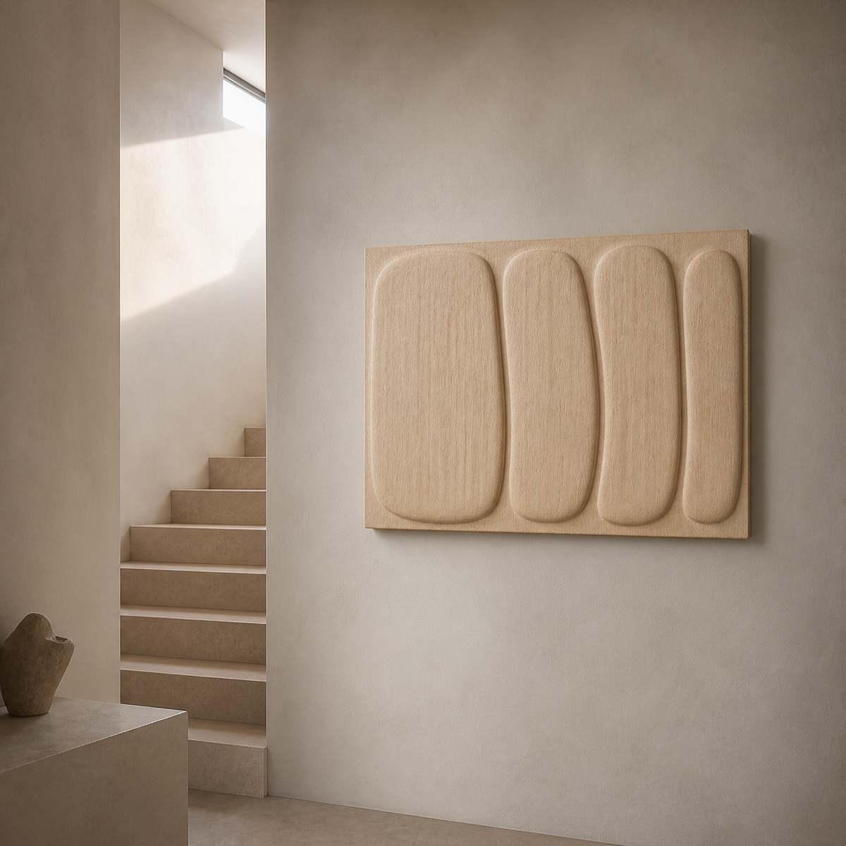 Compression Field Relief, carved teak wood wall art — interior view