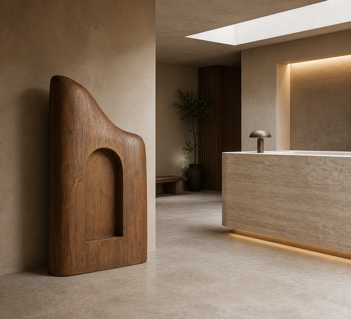 Vaulted Silence, teak wood floor sculpture — interior view