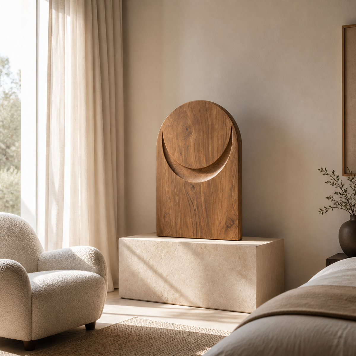 Crescent Plinth, abstract teak wood sculpture — interior view