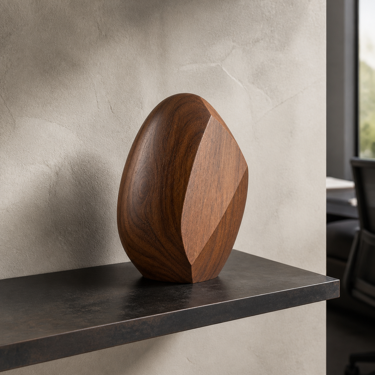 Facet Seed, teak wood tabletop sculpture — interior view