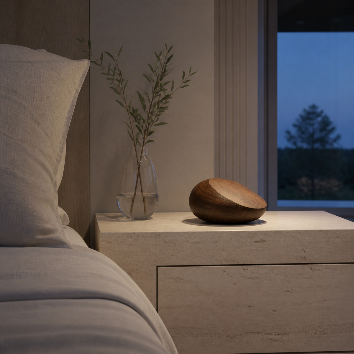 Oblique Stone, teak wood tabletop sculpture — interior view