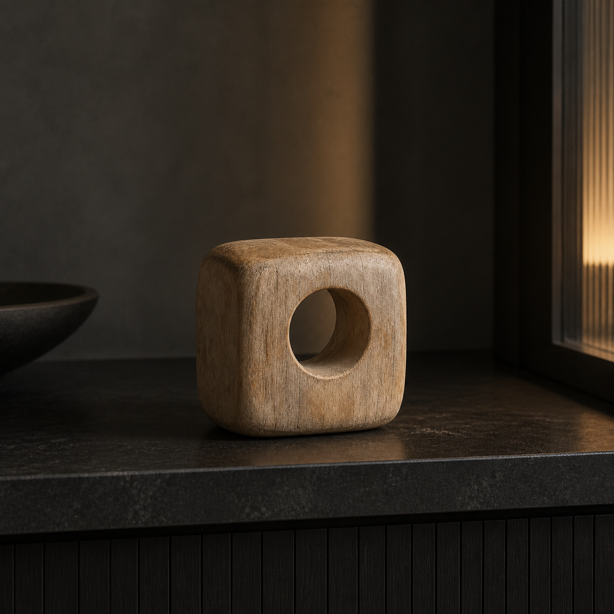 Void Cube Study, teak wood tabletop sculpture — interior view