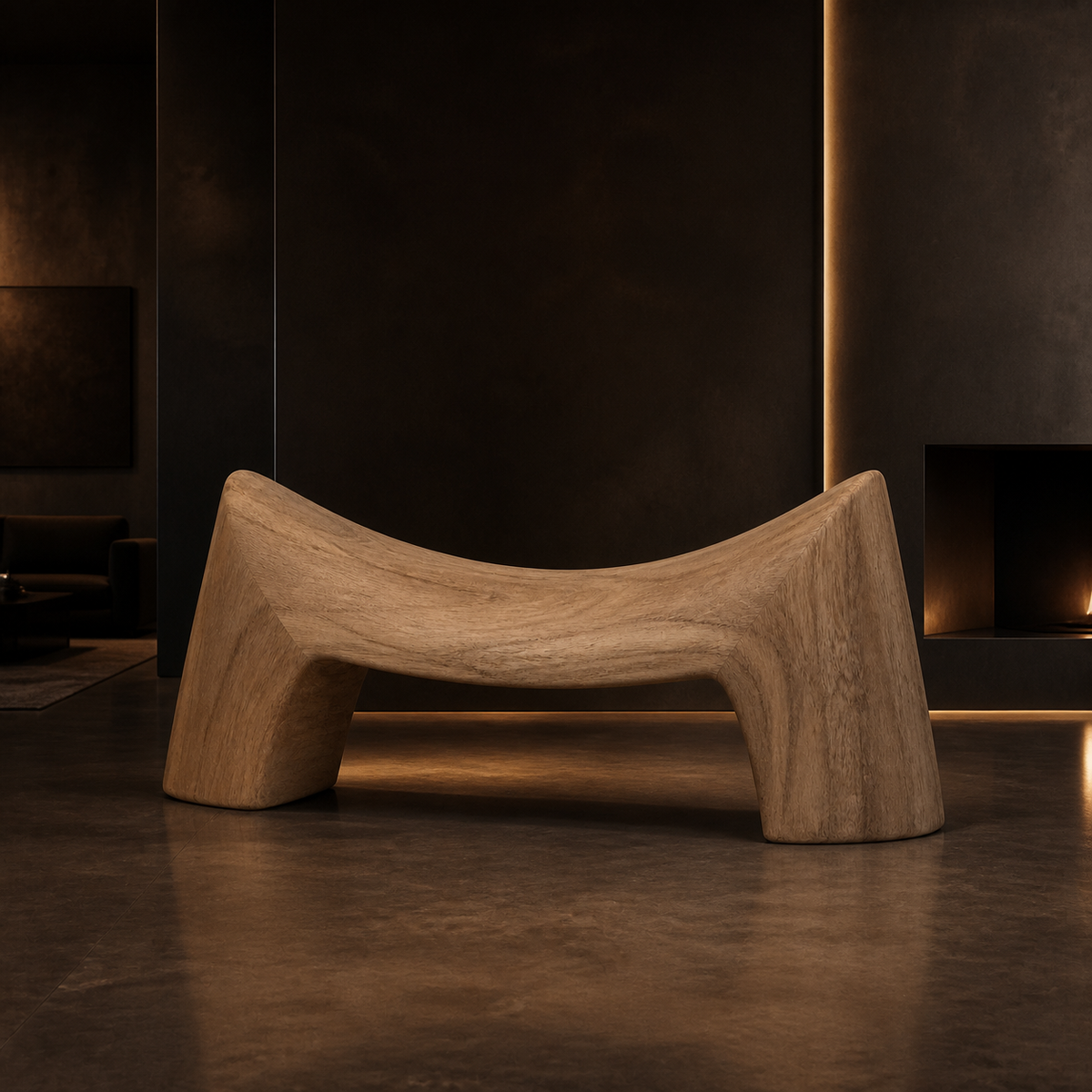 Arc Beam, teak wood console sculpture — interior view