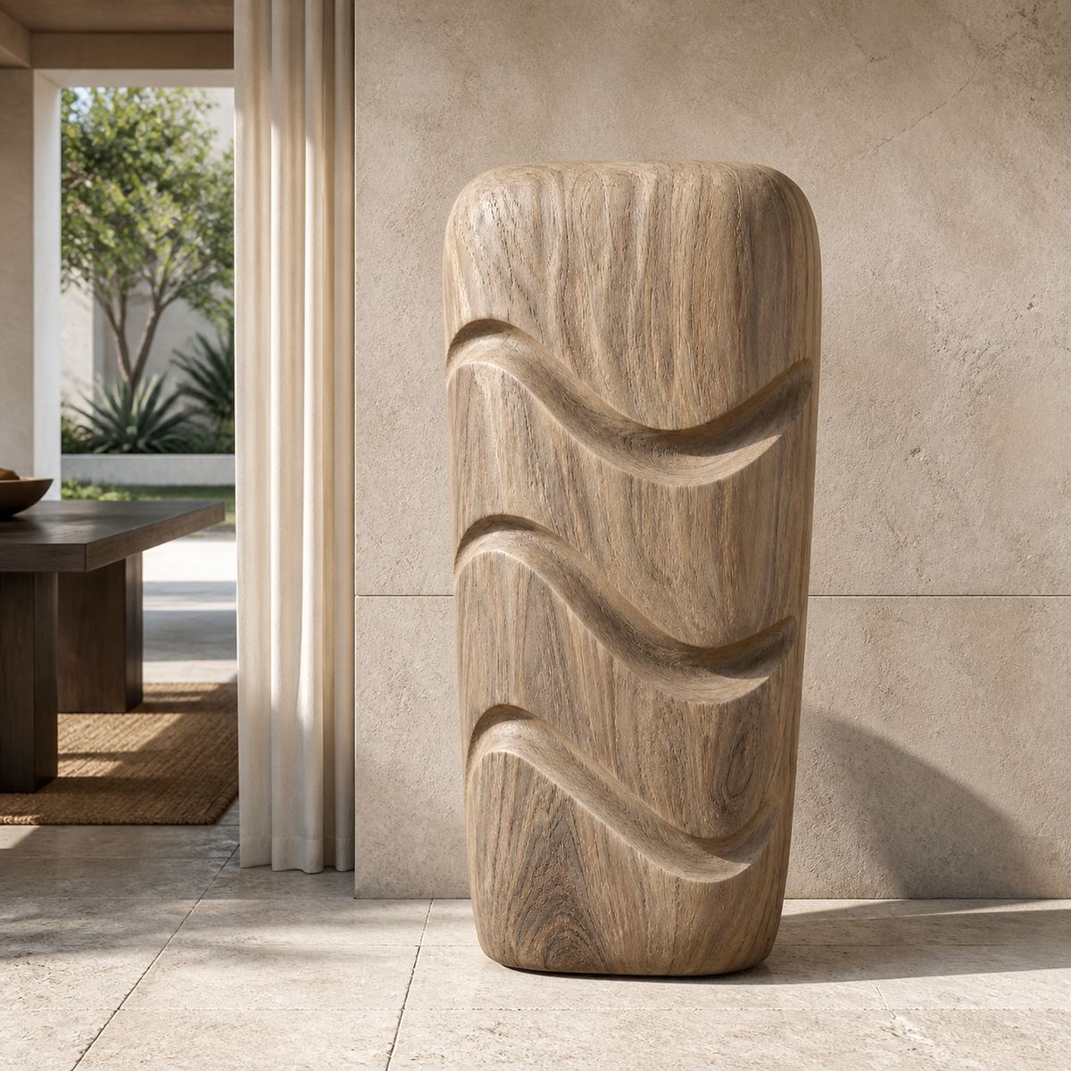 Tidal Column, teak wood floor sculpture — interior view