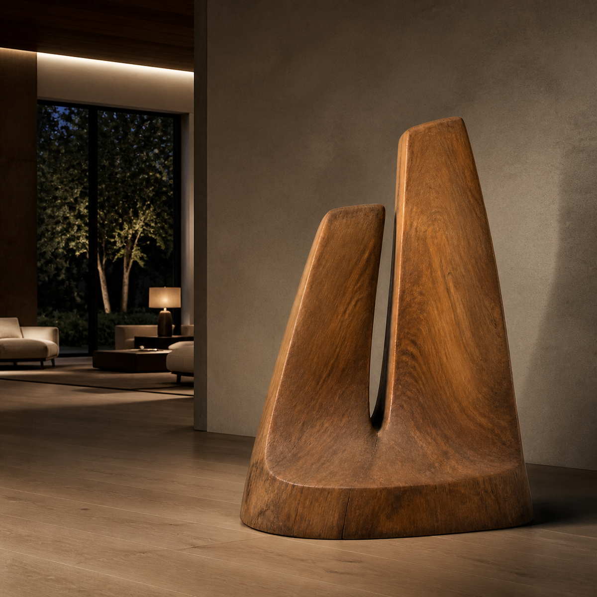 Inward Lean, teak wood floor sculpture — interior view